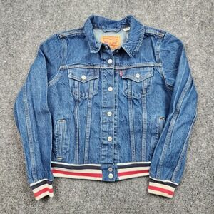 Levi's Jacket Womens Large Blue Denim Bomber Striped Ribbed Hem Cuffs Retro